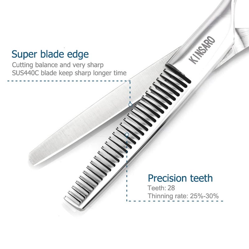 KINSARO 5.5" Hair Thinning Scissors Barber Scissors Professional Sharp Hairdresser Hair Thinning Shears 28 Teeth 440C Silvery Convex Edge Blade Blind Hole KINSARO for Hairdresser Barber or Home Use - Image 4